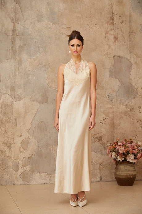 Macy Maxi Dress White Lace Trim Satin Elegant Silhouette Button Fastening