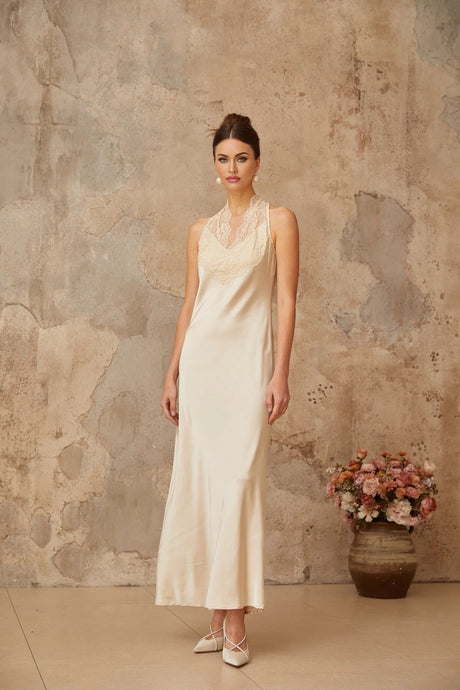 Macy Maxi Dress White Lace Trim Satin Elegant Silhouette Button Fastening