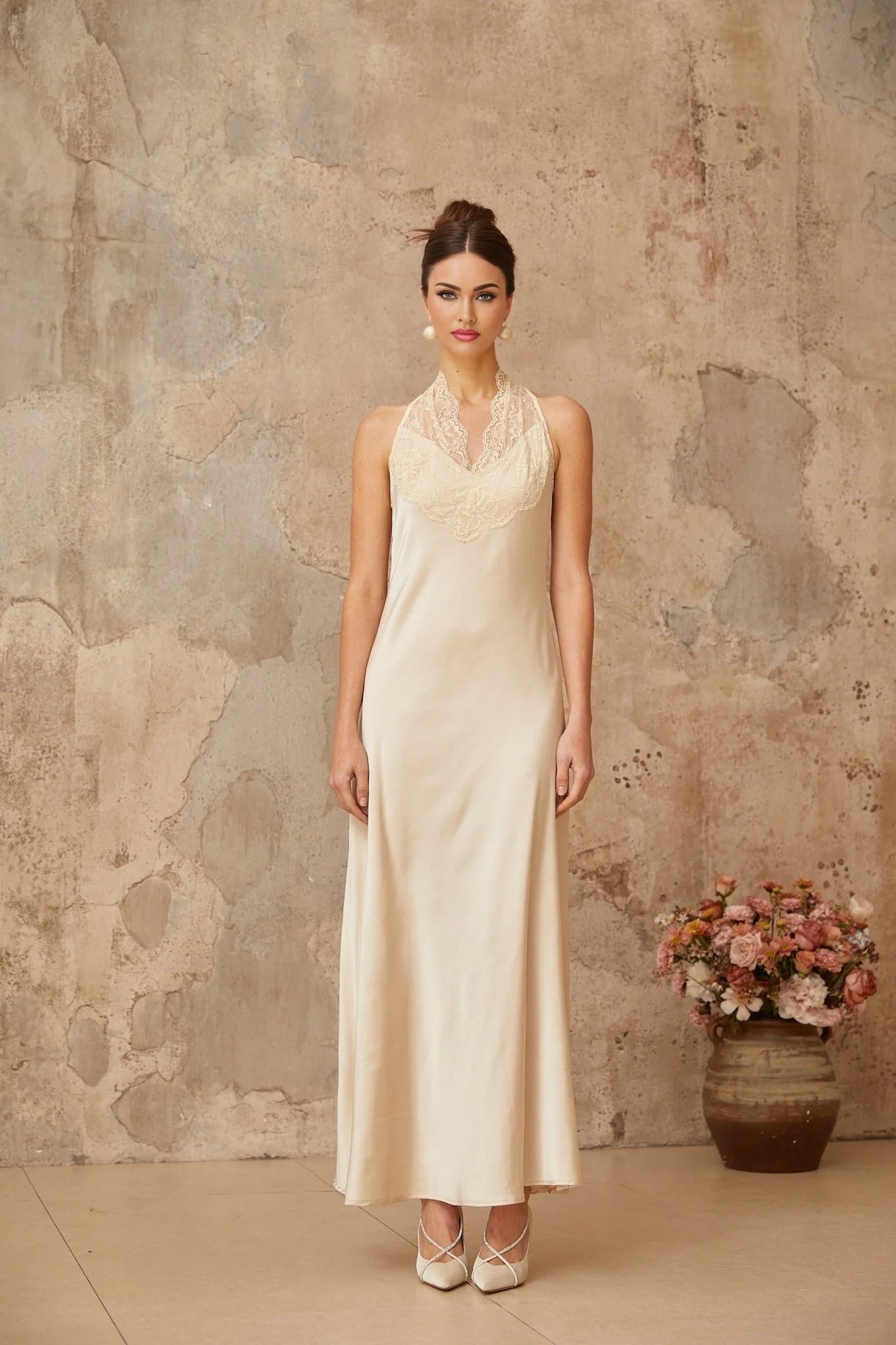 Macy Maxi Dress White Lace Trim Satin Elegant Silhouette Button Fastening