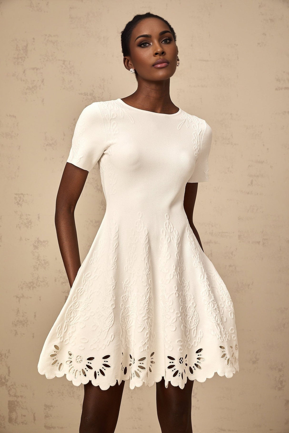 Macy Mini Dress Jacquard Cut Out Scallop Hem White