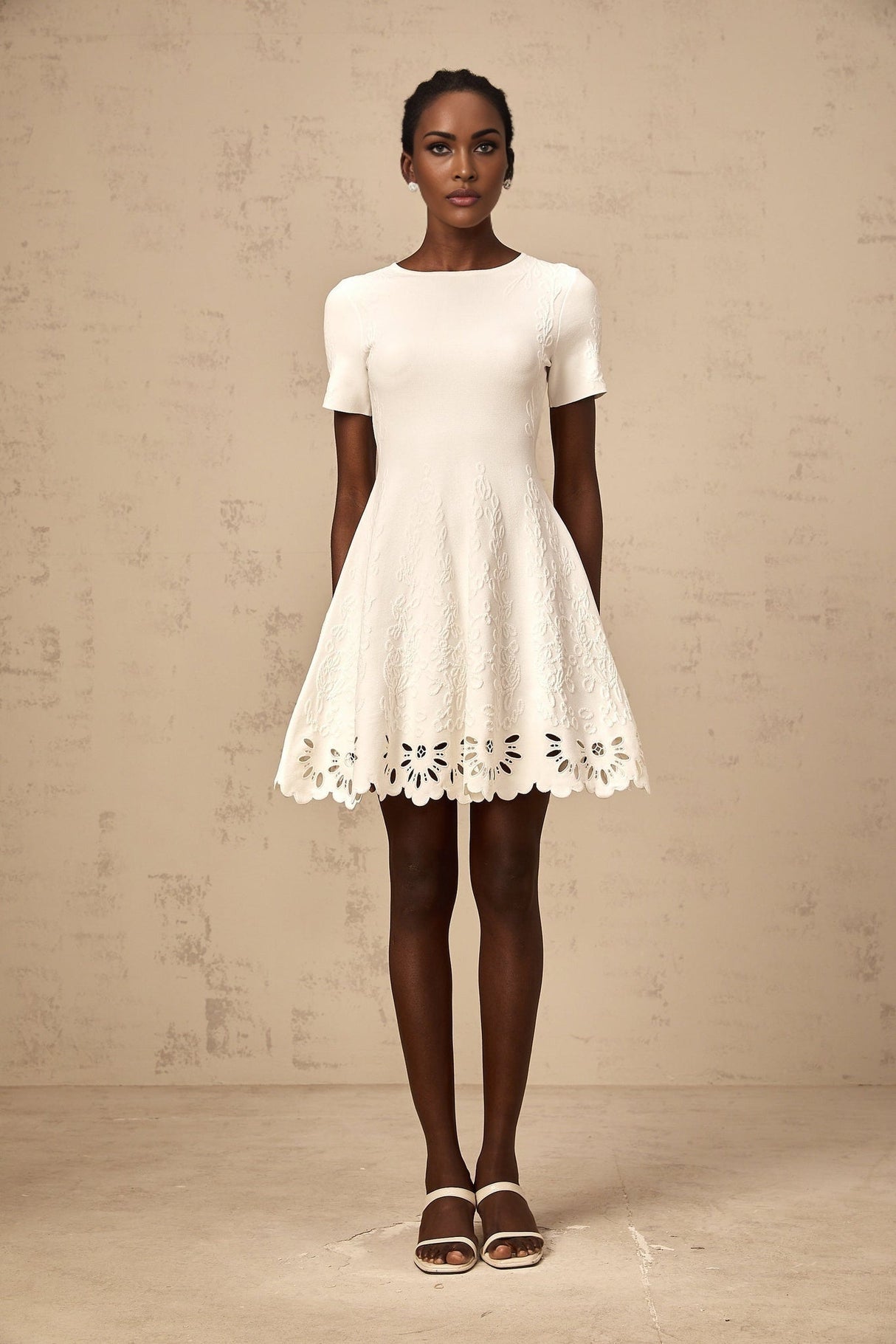 Macy Mini Dress Jacquard Cut Out Scallop Hem White