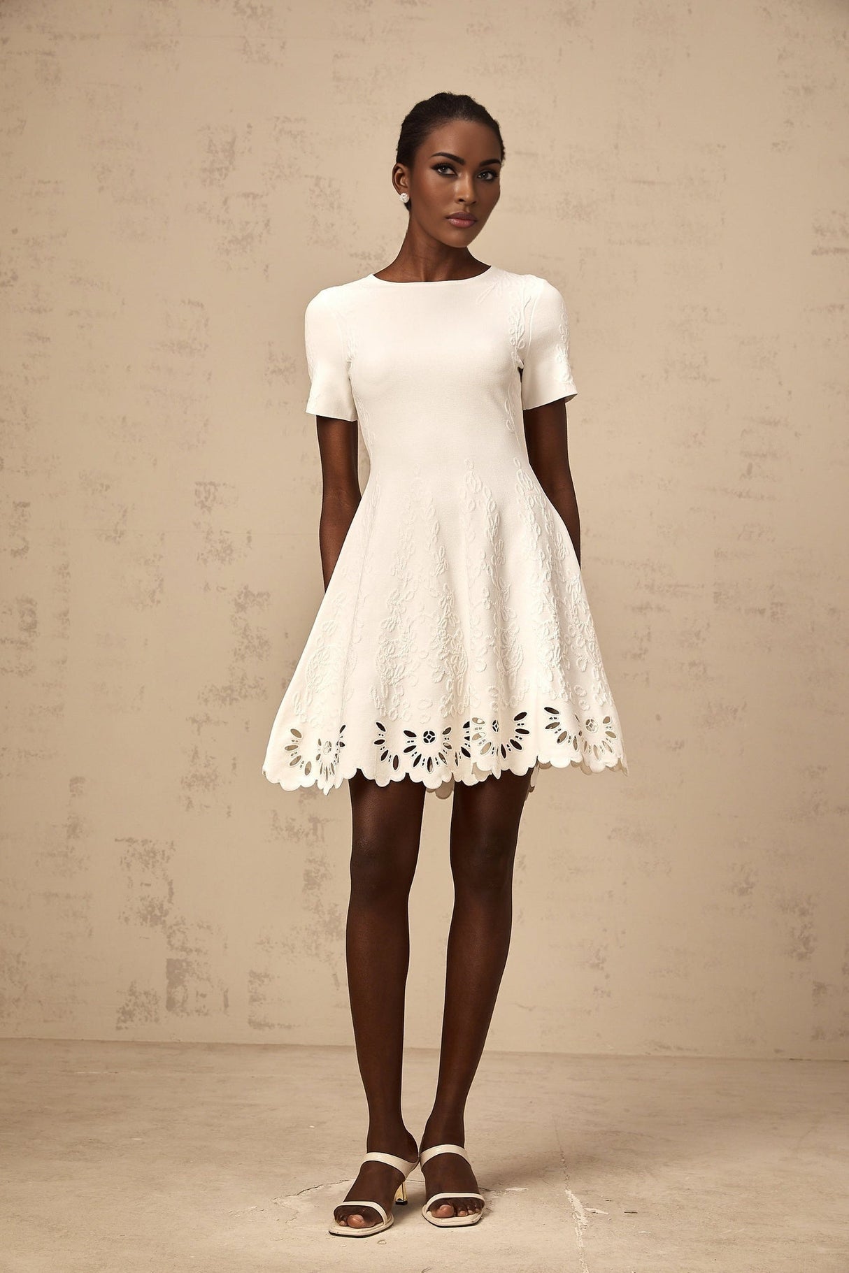 Macy Mini Dress Jacquard Cut Out Scallop Hem White
