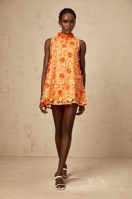 Macy Mini Dress Orange 3D Petal Bead Embellished Keyhole Mini - Length