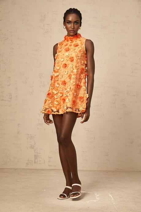 Macy Mini Dress Orange 3D Petal Bead Embellished Keyhole Mini - Length