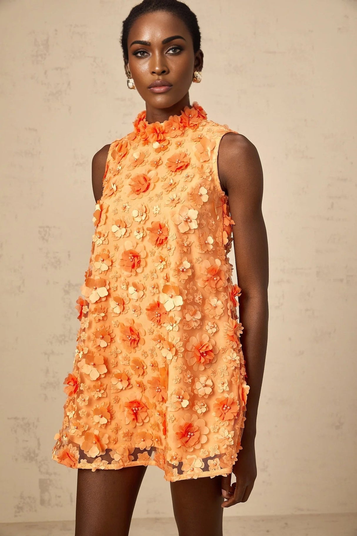 Macy Mini Dress Orange 3D Petal Bead Embellished Keyhole Mini - Length