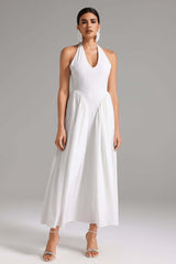 Macy White Halter Neck Maxi Dress V-Neckline Twist Waist Formal Evening Wedding Cocktail Party Gala