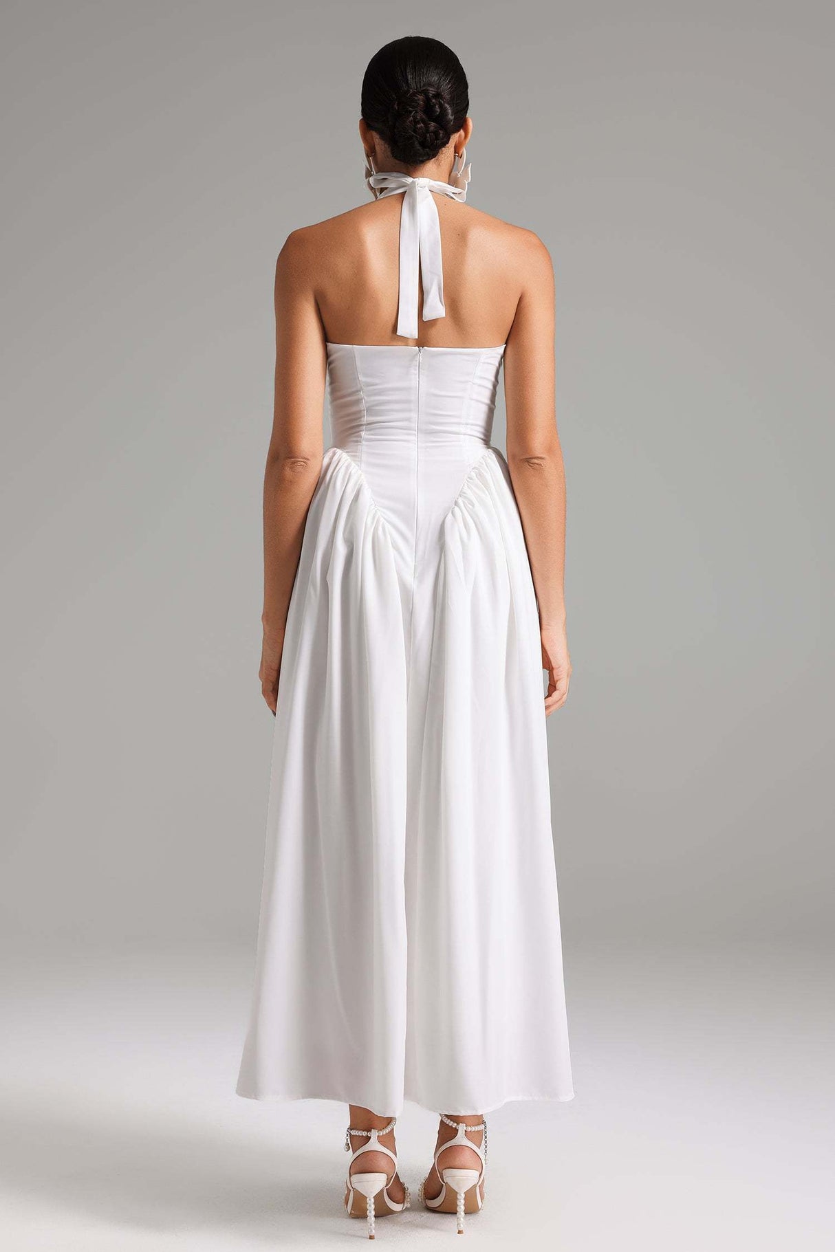 Macy White Halter Neck Maxi Dress V-Neckline Twist Waist Formal Events Designer Detailing Breathable Fabric Wedding Cocktail Party Summer Gala