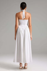 Macy White Halter Neck Maxi Dress V-Neckline Twist Waist Formal Events Designer Detailing Breathable Fabric Wedding Cocktail Party Summer Gala