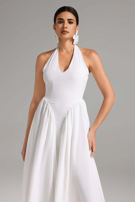 Macy White Halter Neck Maxi Dress V-Neckline Twist Waist Formal Evening Wedding Cocktail Party Gala