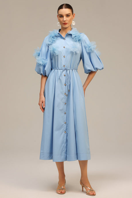 Madalynn Blue Floral Appliqué Button-Front Dress