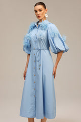 Madalynn Blue Floral Appliqué Button-Front Dress