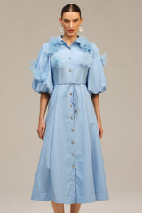 Madalynn Blue Floral Appliqué Button-Front Dress