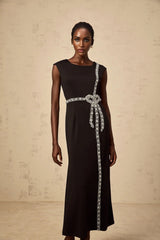 Madalynn Midi Dress Black Crystal Embellished Bowknot Mermaid Hem