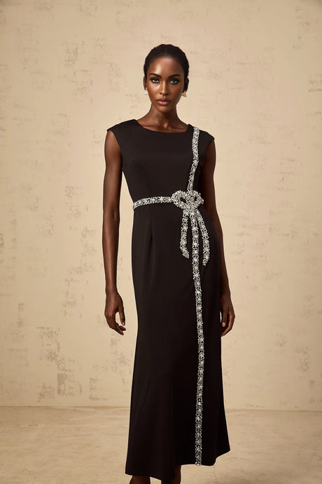 Madalynn Midi Dress Black Crystal Embellished Bowknot Mermaid Hem