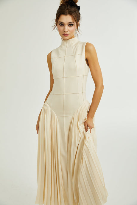 Madalynn Sleeveless Mock Neck Pleated Knitted Midi Dress