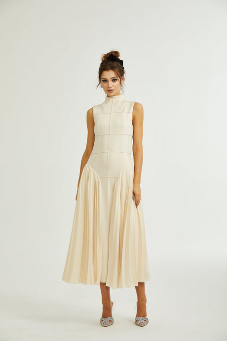 Madalynn Sleeveless Mock Neck Pleated Knitted Midi Dress
