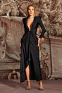 Maddalena Black V Neck Dress with Ring Detailing and High Slit for Evening Events or Formal Occasions