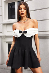 Maddalena Black Off-Shoulder Mini Dress with Contrast Detailing and Bow Accent