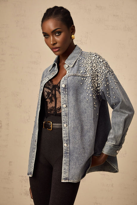Maddalena Denim Shirt with Rhinestone Embellishments