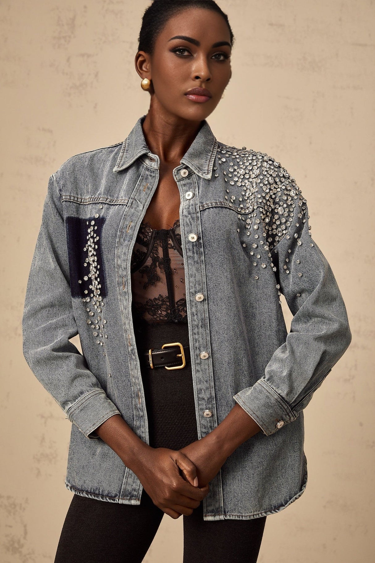 Maddalena Denim Shirt with Rhinestone Embellishments