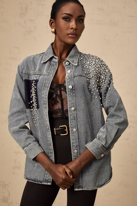 Maddalena Denim Shirt with Rhinestone Embellishments