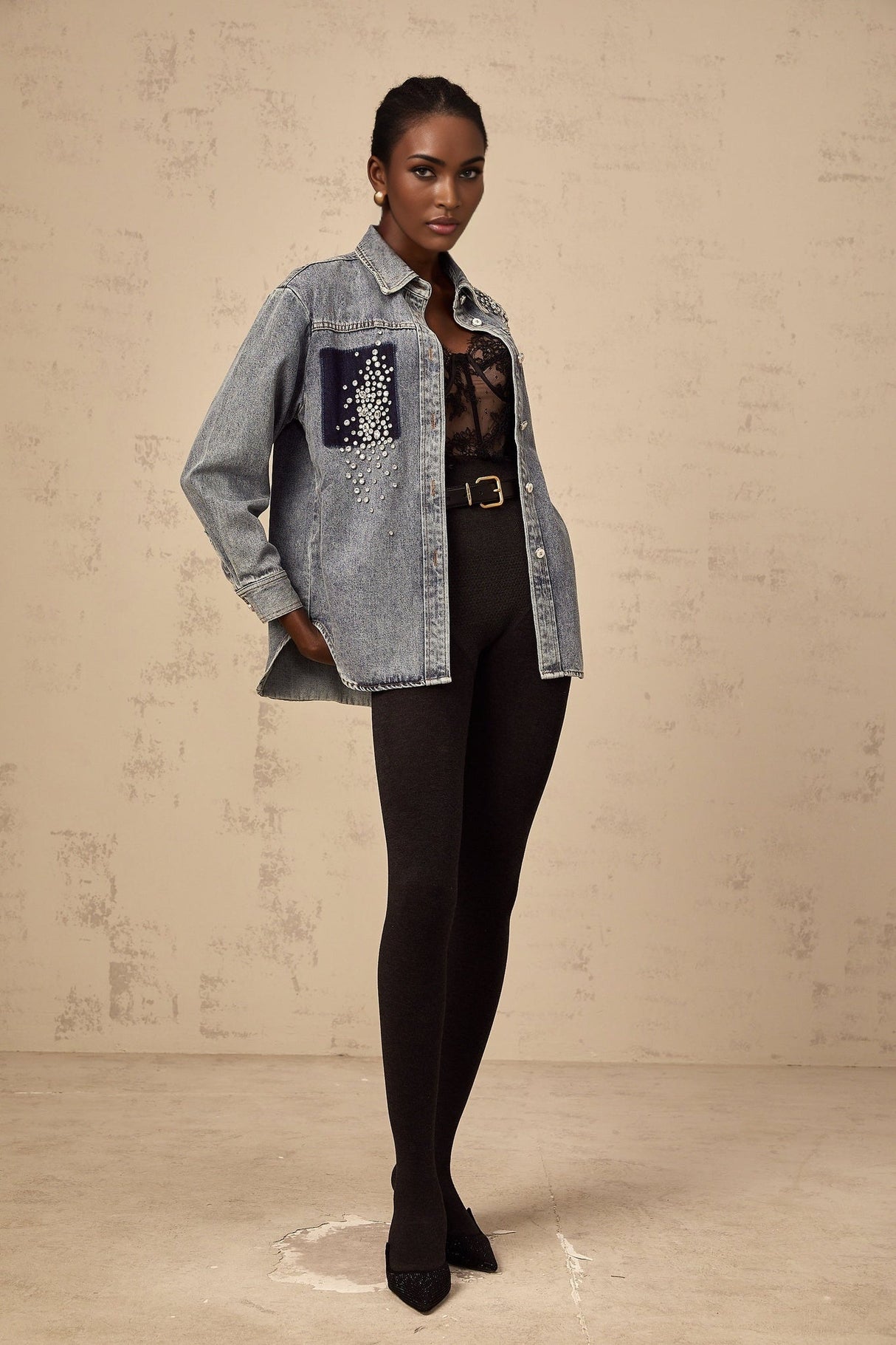 Maddalena Denim Shirt with Rhinestone Embellishments