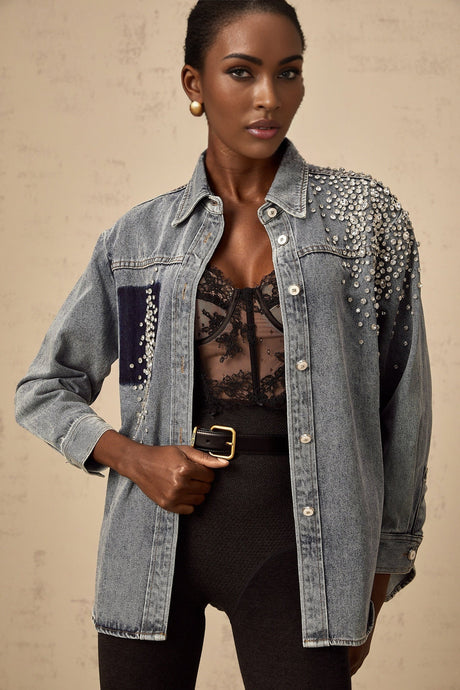 Maddalena Denim Shirt with Rhinestone Embellishments