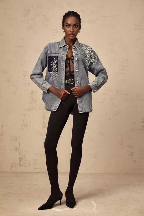 Maddalena Denim Shirt with Rhinestone Embellishments