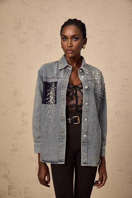 Maddalena Denim Shirt with Rhinestone Embellishments