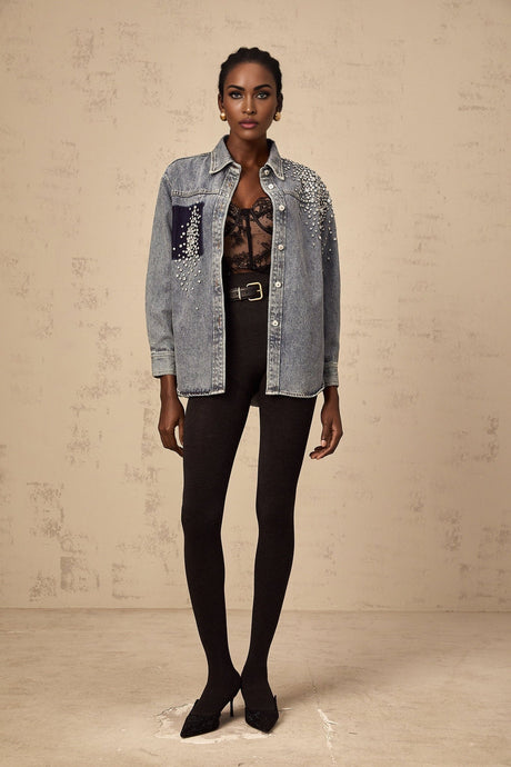 Maddalena Denim Shirt with Rhinestone Embellishments