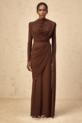Maddalena Maxi Dress Brown Shirred Draped & Fitted