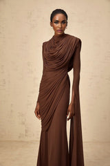 Maddalena Maxi Dress Brown Shirred Draped & Fitted