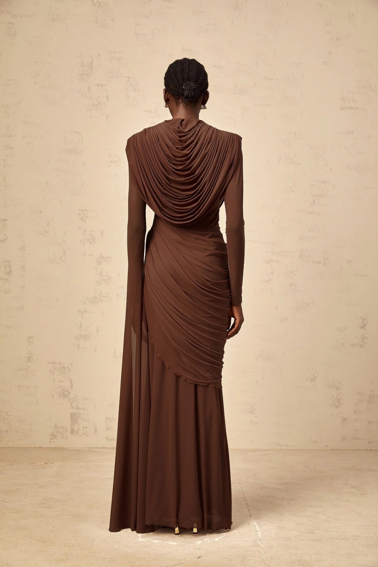 Maddalena Maxi Dress Brown Shirred Draped & Fitted