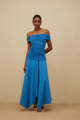 Maddalena Maxi Dress - Off - the - Shoulder - Cinched Waist - Ruched Asymmetrical Hem
