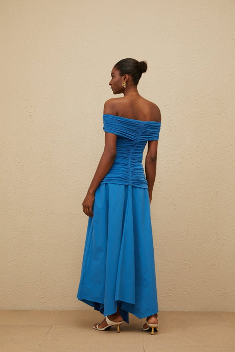 Maddalena Maxi Dress - Off - the - Shoulder - Cinched Waist - Ruched Asymmetrical Hem