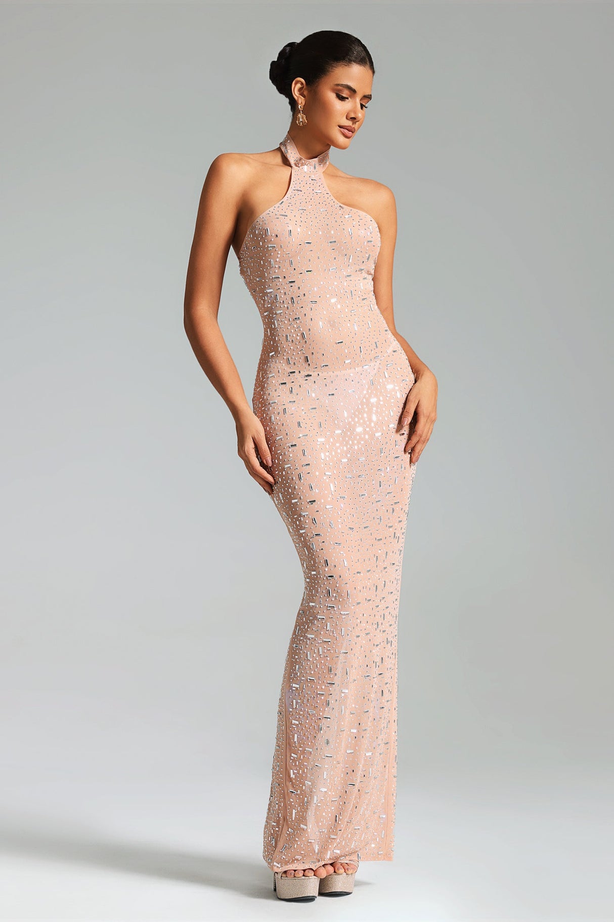 Maddalena Nude Halter Neckline Fitted Dress with Shimmering Accents and High Slit
