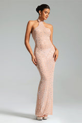 Maddalena Nude Halter Neckline Fitted Dress with Shimmering Accents and High Slit