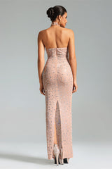 Maddalena Nude Halter Neckline Fitted Dress with Shimmering Accents and High Slit