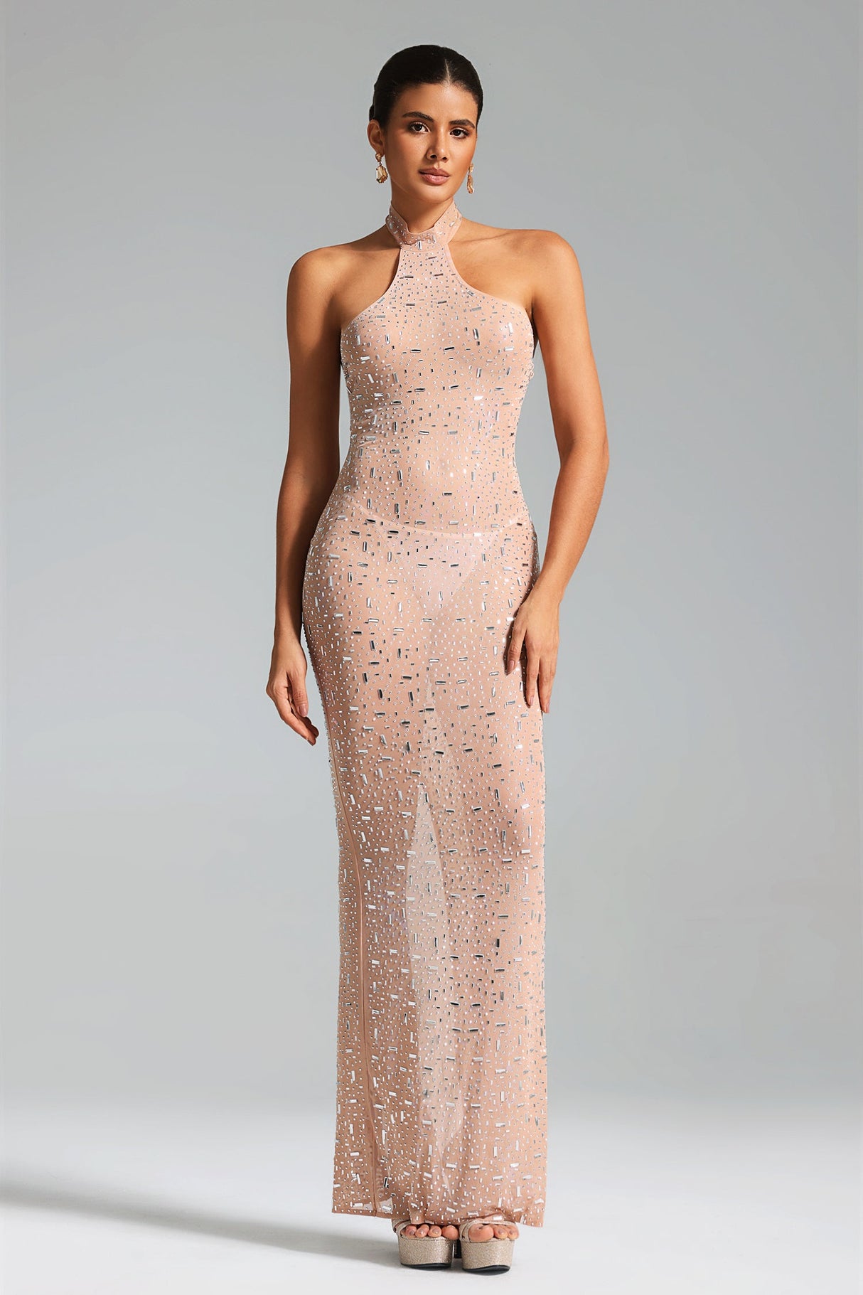 Maddalena Nude Halter Neckline Fitted Dress with Shimmering Accents and High Slit for Evening Outings or Special Occasions