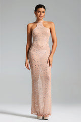 Maddalena Nude Halter Neckline Fitted Dress with Shimmering Accents and High Slit for Evening Outings or Special Occasions