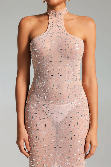 Maddalena Nude Halter Neckline Fitted Dress with Shimmering Accents and High Slit