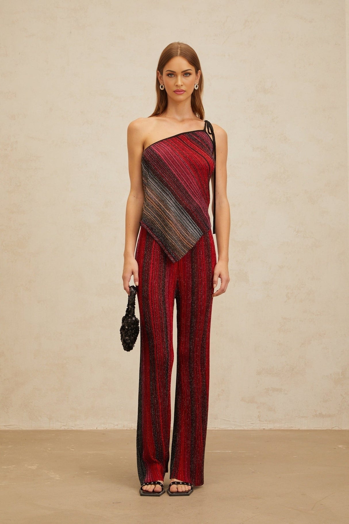 Maddalena Top & Trousers Set - Metallic Threading - Stripe Pattern - Sequin Embellishment - Pleated Detailing - Asymmetrical Hem