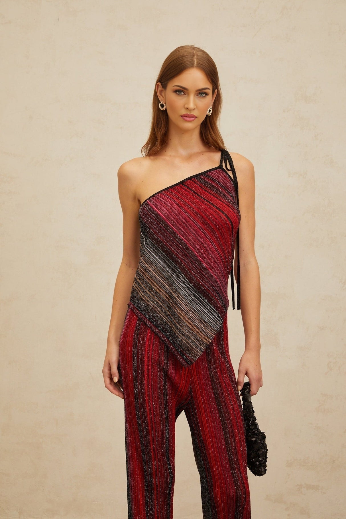 Maddalena Top & Trousers Set - Metallic Threading - Stripe Pattern - Sequin Embellishment - Pleated Detailing - Asymmetrical Hem