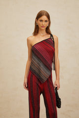 Maddalena Top & Trousers Set - Metallic Threading - Stripe Pattern - Sequin Embellishment - Pleated Detailing - Asymmetrical Hem