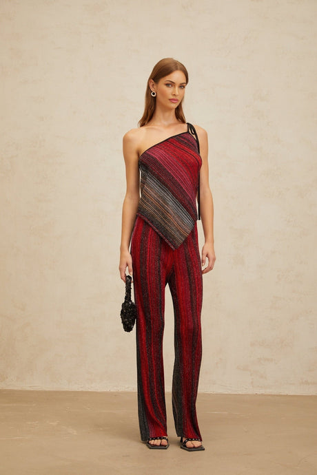 Maddalena Top & Trousers Set - Metallic Threading - Stripe Pattern - Sequin Embellishment - Pleated Detailing - Asymmetrical Hem