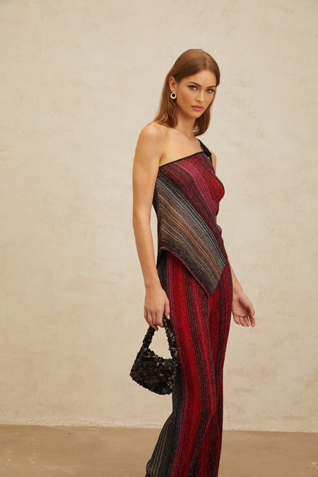 Maddalena Top & Trousers Set - Metallic Threading - Stripe Pattern - Sequin Embellishment - Pleated Detailing - Asymmetrical Hem