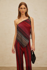 Maddalena Top & Trousers Set - Metallic Threading - Stripe Pattern - Sequin Embellishment - Pleated Detailing - Asymmetrical Hem