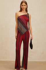 Maddalena Top & Trousers Set - Metallic Threading - Stripe Pattern - Sequin Embellishment - Pleated Detailing - Asymmetrical Hem