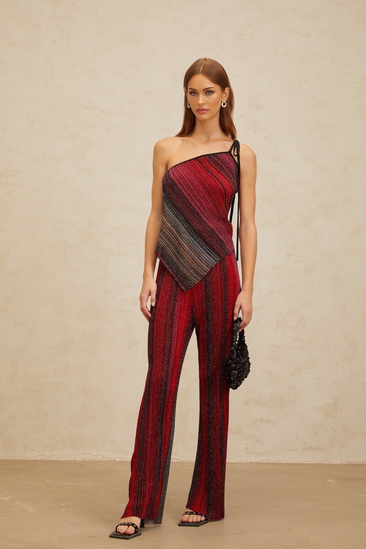Maddalena Top & Trousers Set - Metallic Threading - Stripe Pattern - Sequin Embellishment - Pleated Detailing - Asymmetrical Hem