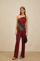 Maddalena Top & Trousers Set - Metallic Threading - Stripe Pattern - Sequin Embellishment - Pleated Detailing - Asymmetrical Hem